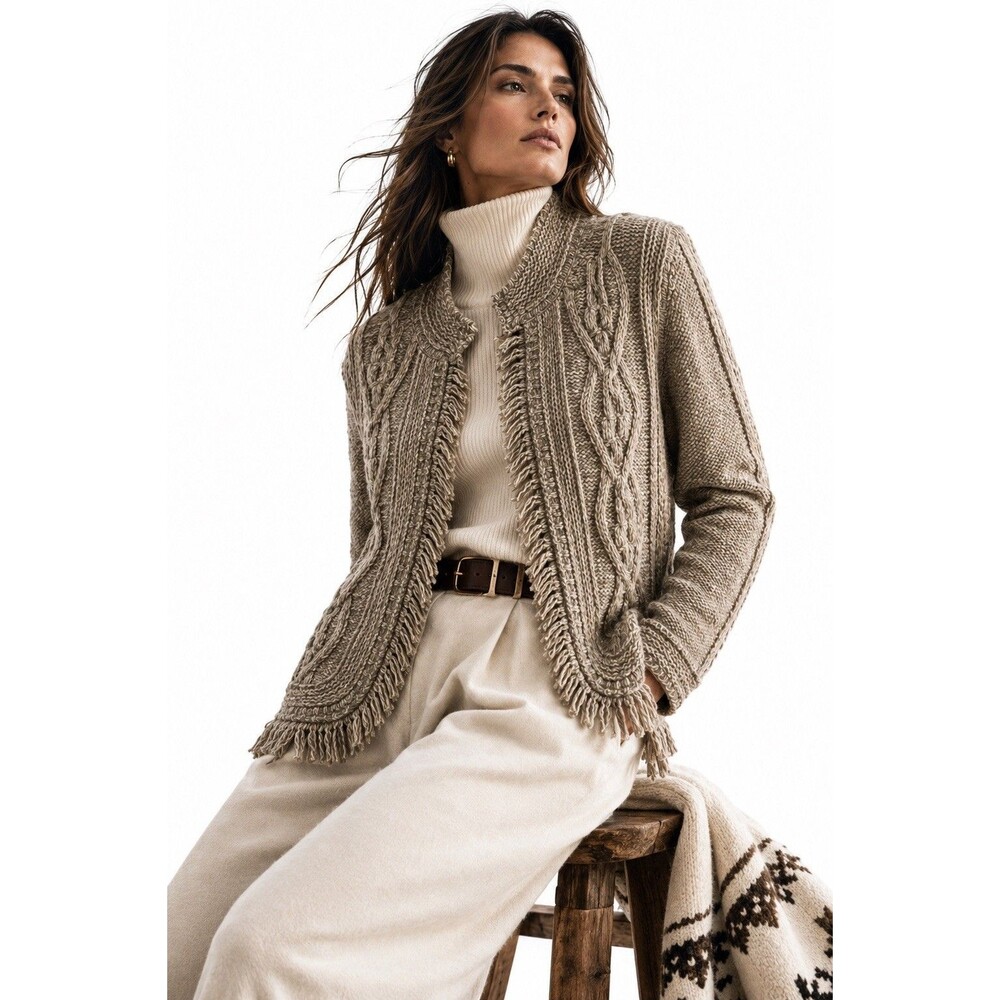 Tribal Cable Knit Fringe Open Front Cardigan Sweater Wool Blend L Boho Coastal